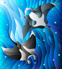 Illustration in the style of stained glass with two manta rays manta rays on the background of water and air bubbles