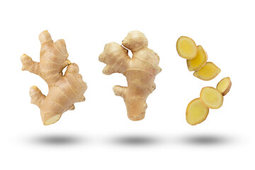 Flying ginger root with slices collection isolated on white background.