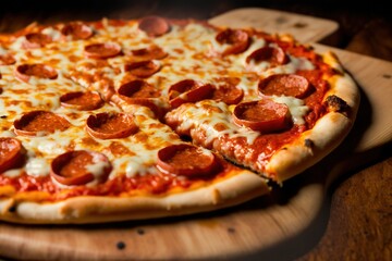 pizza on a wooden board, isolated pizza close-up