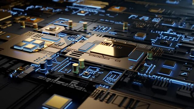 CPU Chip on Motherboard. High tech electronic circuit board futuristic server code processing. Futuristic mining gpu microchip processor. Quantum computer and big data concept. Sci-fi background