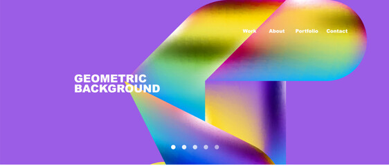 Glassmorphism landing page background template. Colorful glass shapes with metallic effect abstract composition for wallpaper, banner, background