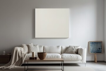 Blank white canvas inside of a living room for a wall art mockup illustration with Generative AI