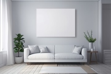 Blank white canvas inside of a living room for a wall art mockup illustration with Generative AI
