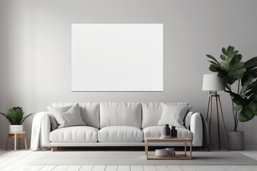 Blank white canvas inside of a living room for a wall art mockup illustration with Generative AI