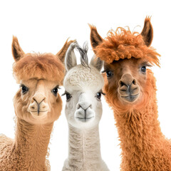 Fototapeta premium Three alpaca on white background. Generative Ai