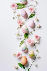 Easter eggs and springtime flowers over white background Top view
