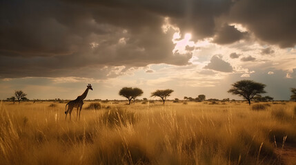 Obraz na płótnie Canvas Giraffe in the savannah at sunset, Generative AI