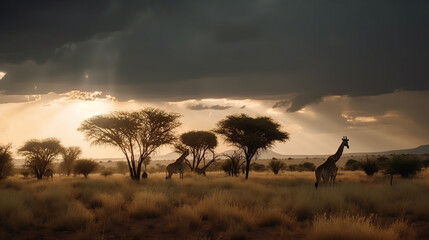 giraffe in the savannah of africa in the sunset, Generative AI