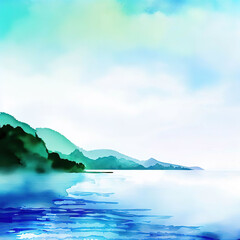 Fototapeta na wymiar beautiful coast and blue sky copyspace ink and water style with Generative AI.
