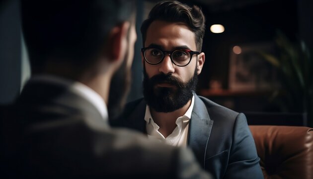 Portrait of a businessman talking with customer, created with Generative AI