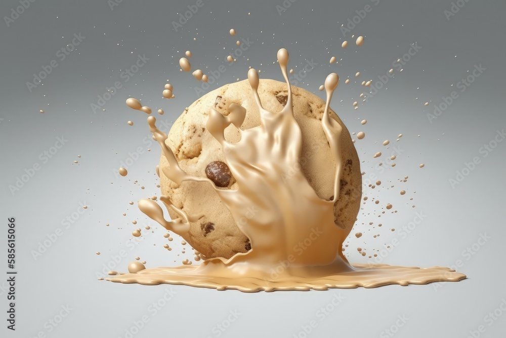 Poster delicious cookie with a splash of milk on top of it. generative ai