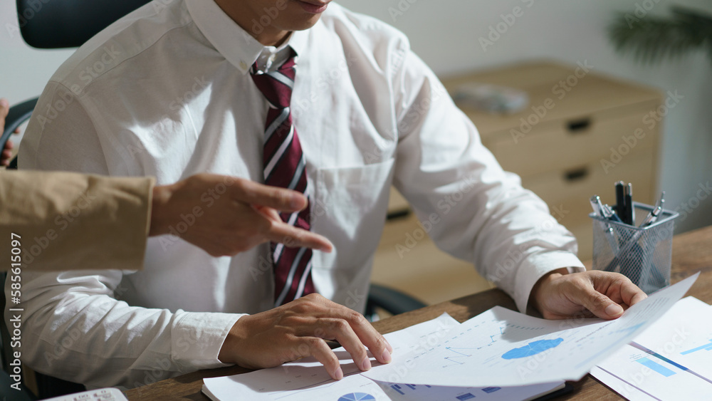 Poster two business reading business document to discussion and brainstorming about startup at workplace