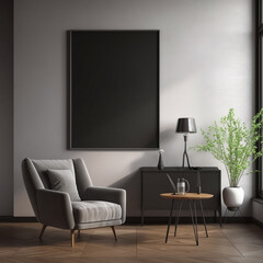 Mock-Up for Posters, Paintings, Photos - Modern Interior Living Room with Mock-Up Frame and Matte Black Canvas, Soft Furniture and Moody Lighting - Generative AI