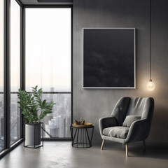 Mock-Up for Posters, Paintings, Photos - Modern Interior Living Room with Mock-Up Frame and Matte Black Canvas, Soft Furniture and Moody Lighting - Generative AI
