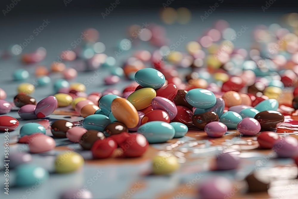 Poster colorful candy display on a table with various types of candy. generative ai
