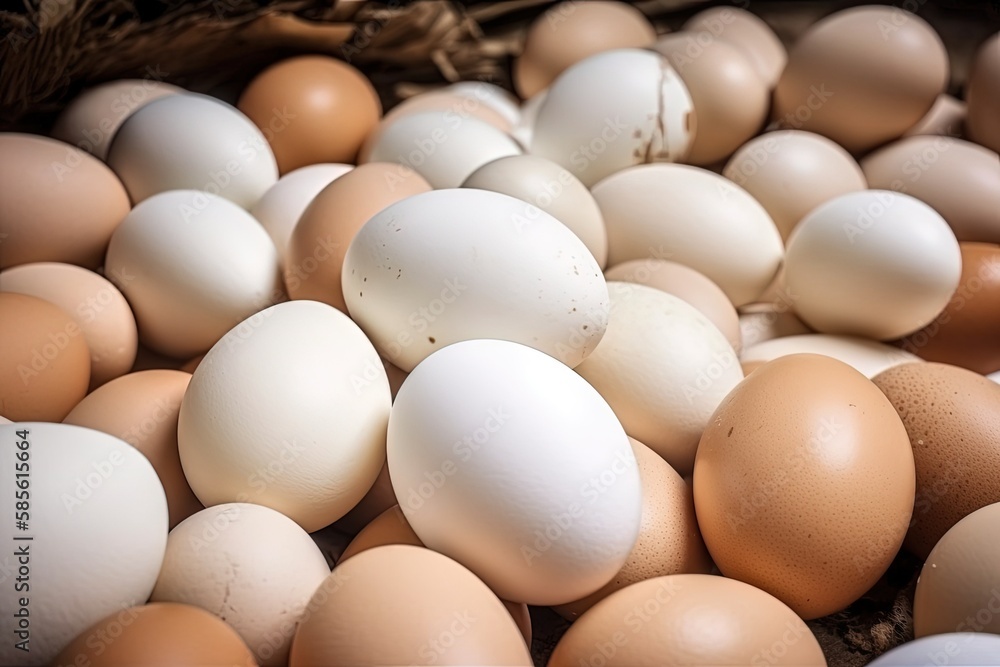 Poster heap of eggs in different shades and sizes. generative ai