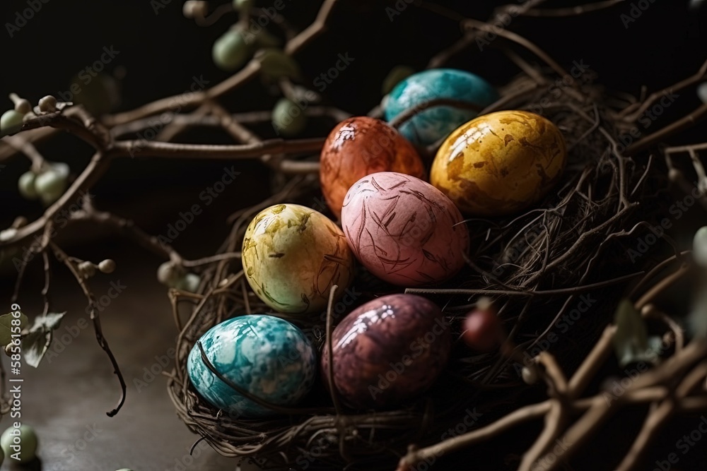 Poster vibrant nest filled with hand-painted eggs in various colors and patterns. generative ai