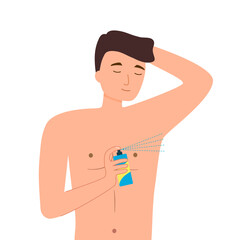 Fototapeta premium Young man using body spray in flat design on white background.