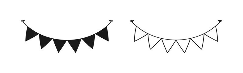 Blank banner, bunting garland doodle silhouette and outline templates for birthday parties event vector illustration