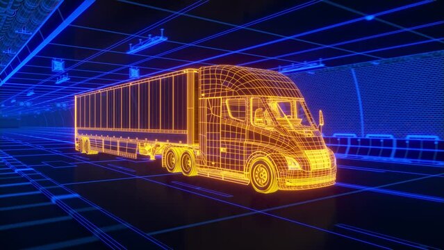 Electric Semi-Trailer Truck driving through a tunnel. Technological blue-yellow glowing Wireframe style 3d render