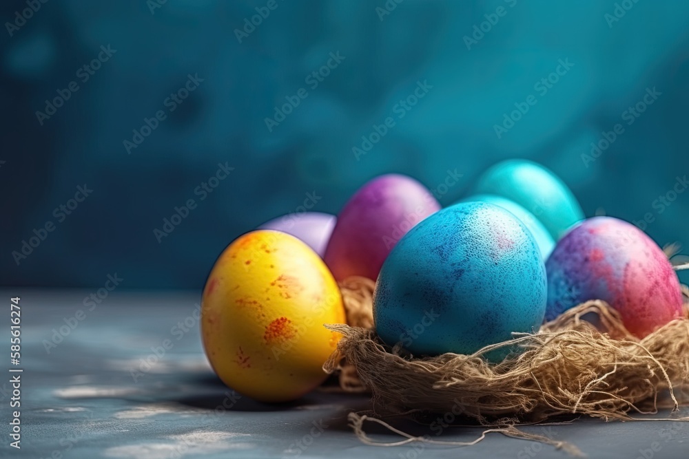 Poster nest filled with vibrant and colorful eggs. generative ai