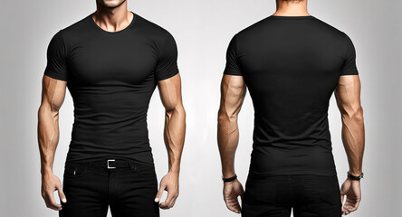 Photo realistic male black t-shirts with copy space, front and back view. Created with Generative AI Technology