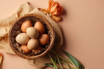rustic basket of fresh brown eggs with a blooming flower. Generative AI