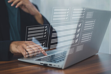 Documents management information system concept, Businessman using visual screen internet for Documents management information system and ERP program data directory in company, ERP document management © Suriyo