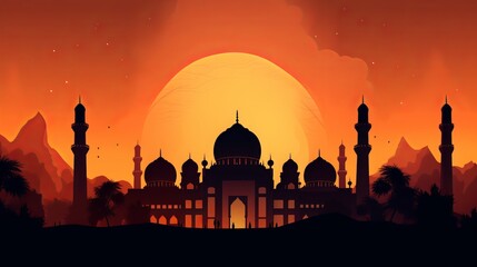 Mosque Orange Light Background - Generative AI