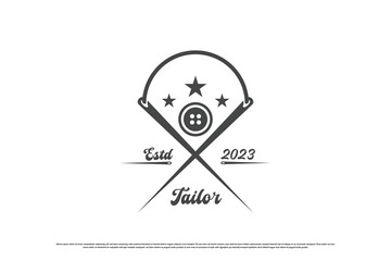 Tailor creative logo design illustration. Creative idea silhouette needle sewing thread button stamp label badge. Fashion industry clothing industry vintage retro classic design.