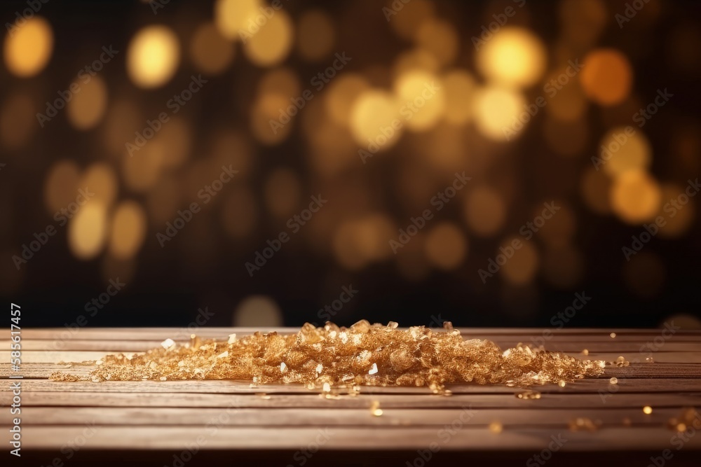 Poster stack of shimmering gold flakes resting on a rustic wooden table. Generative AI