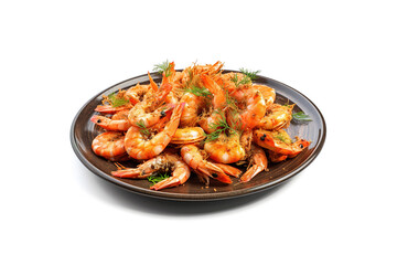 A plate of fried shrimps with spices isolated on white background. Created with Generative AI Technology