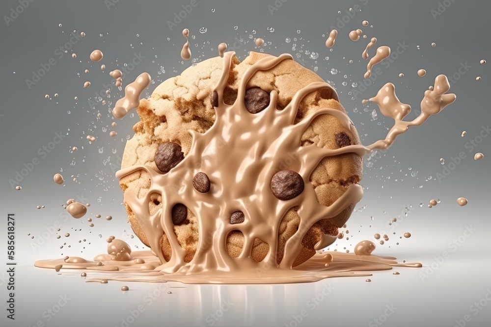 Poster chocolate chip cookie with milk splashing out of it. generative ai