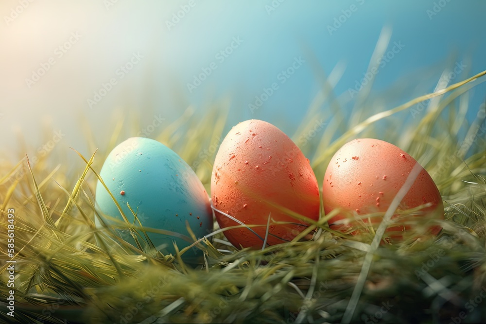 Poster three eggs with dew drops on grass. generative ai