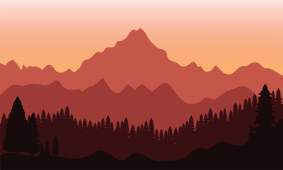 Landscape with mountain and pine tree silhouette illustration