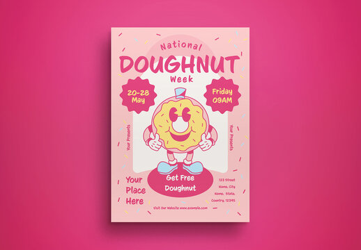Pink Retro Cartoon National Doughnut Week Flyer Layout