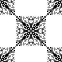 Seamless monochrome pattern with paisley and flowers on a white background. Vector image.