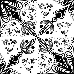 Seamless monochrome pattern with paisley and flowers on a white background. Vector image.