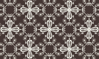 Seamless monochrome pattern with paisley and flowers on a white background. Vector image.