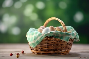 Fototapeta na wymiar rustic basket filled with fresh eggs on a wooden table. Generative AI