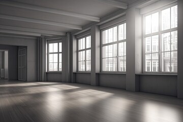 an empty room with natural light pouring in through large windows and featuring wooden floors. Generative AI