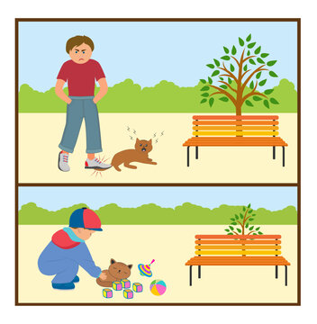 Bad behavior of teenagers. The boy stepped on the cat's tail. But when he was little boy, he loved cats. Why did he become aggressive? Vector Illustration