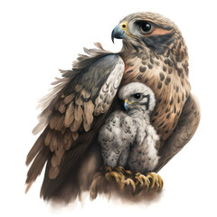Mother hawk cuddling with her baby. Illustration for Mothers Day and spring. Generative AI.