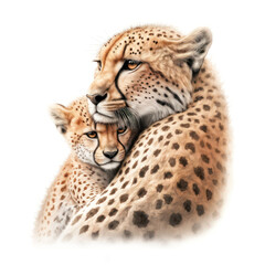 Mother cheetah hugging her kitten. Illustration for Mothers Day and spring. Generative AI.