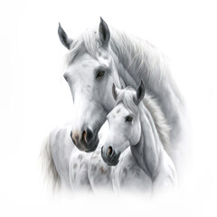 Obraz na płótnie Canvas Mother white horse and her baby foal. Illustration for Mothers Day and spring. Generative AI.