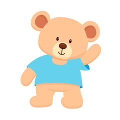 Cute bear toy in blue t-shirt is waving. Hand drawn flat childish illustration isolated on white