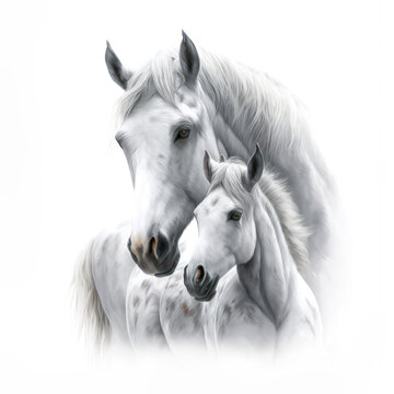 Mother white horse and her baby foal. Illustration for Mothers Day and spring. Generative AI.