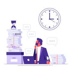 Business deadline and overwork concept. Stressed young businessman worker sitting in office at laptop with heap of papers looking at sand glass