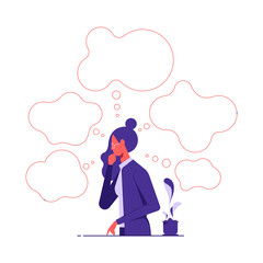 Character of business woman with her finger to her chin, thinking too much, worried, serious, depressed, surrounding with blank speech bubble