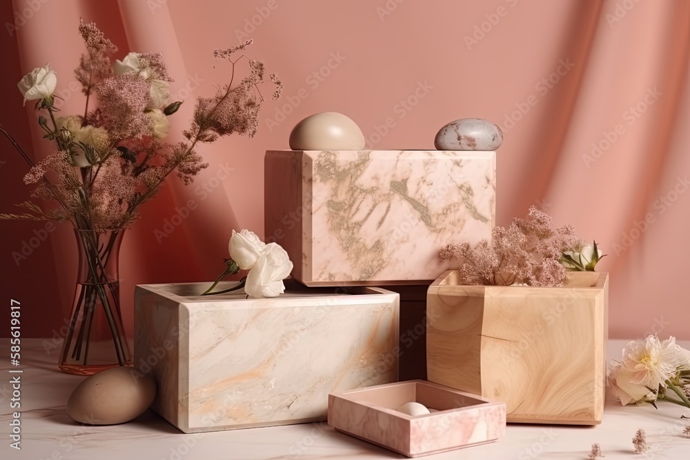 Canvas Prints still life arrangement of marble blocks and vases with flowers on a table. generative ai